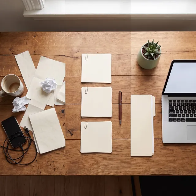 An overhead desk of paperwork moving from disorder to order