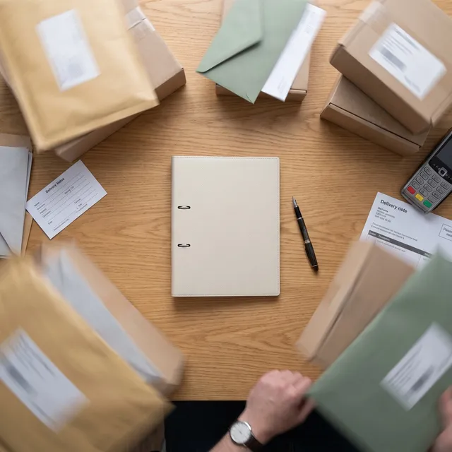 Parcels and invoices in motion around one still folder