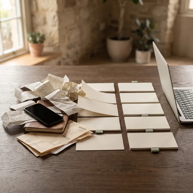 Receipts becoming a neat grid of cards beside a laptop