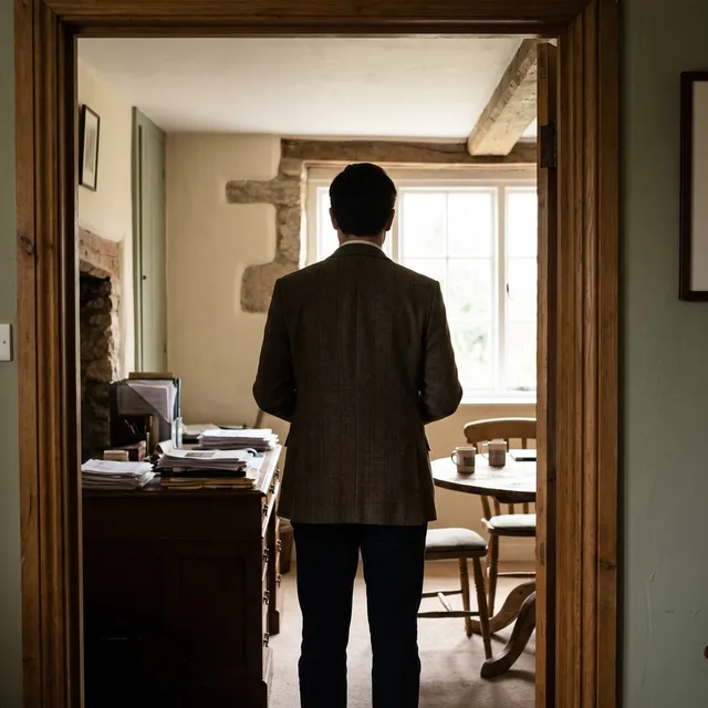A business owner in a doorway between a cluttered room and a calm one